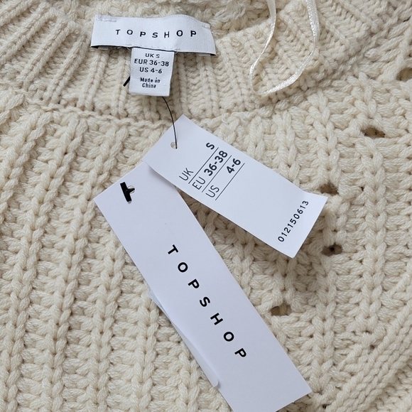 Topshop Cream Pointelle Knit Sweater Small Balloon Sleeve Chunky Pullover NWT - Picture 8 of 13